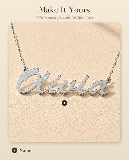 Personalised Brush Script Name Necklace in 925 Sterling Silver - Custom Nameplate - personalisation guide: where your name goes