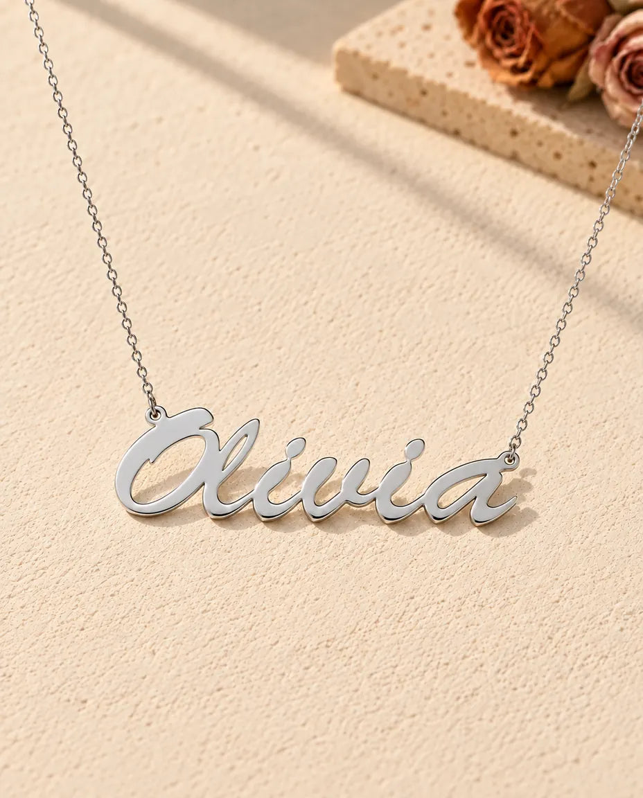 Personalised Brush Script Name Necklace in 925 Sterling Silver - Custom Nameplate - front view in silver