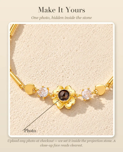 Personalisation guide showing where your photo goes inside the clover flower projection stone