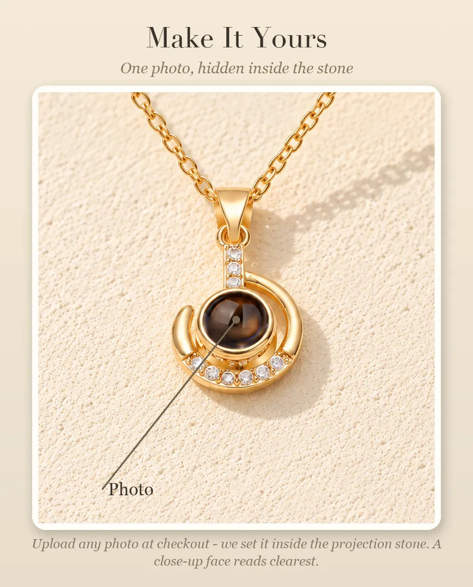 Personalisation guide showing where your photo goes inside the projection stone of the crescent moon necklace