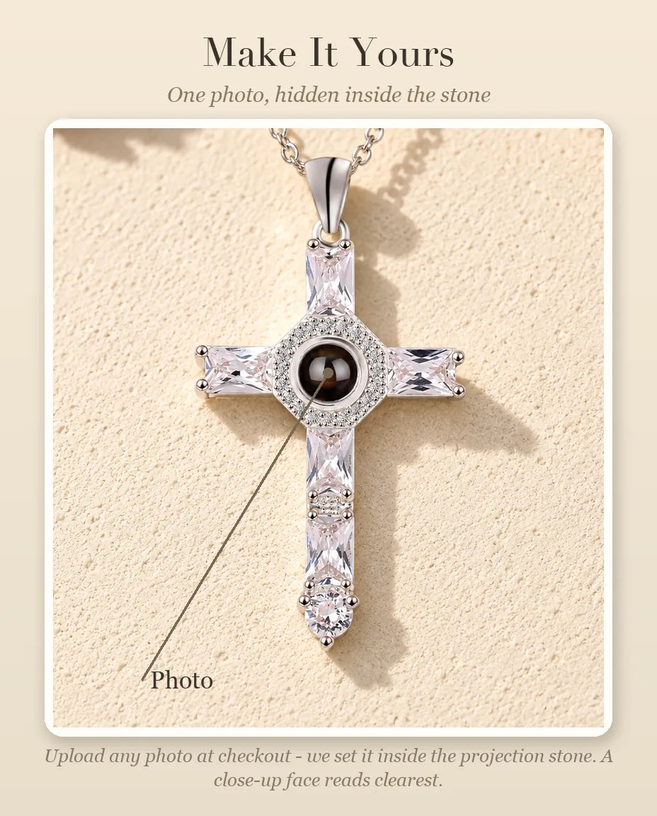 Personalisation guide showing where your photo goes inside the projection stone of the cubic zirconia cross necklace