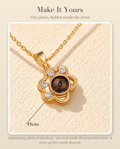 Personalisation guide showing where your photo goes inside the projection stone of the paw print necklace