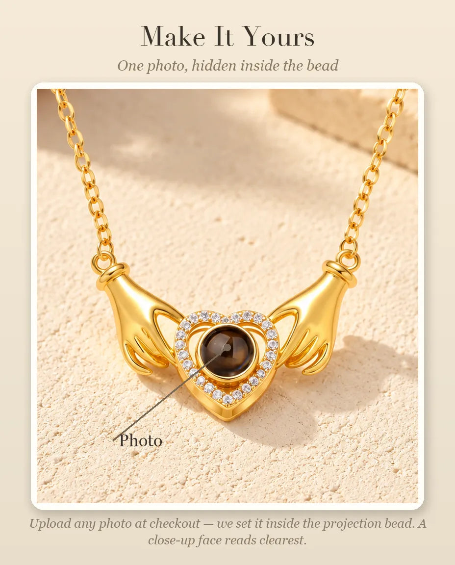 Personalisation guide showing where your photo goes inside the projection bead of the necklace