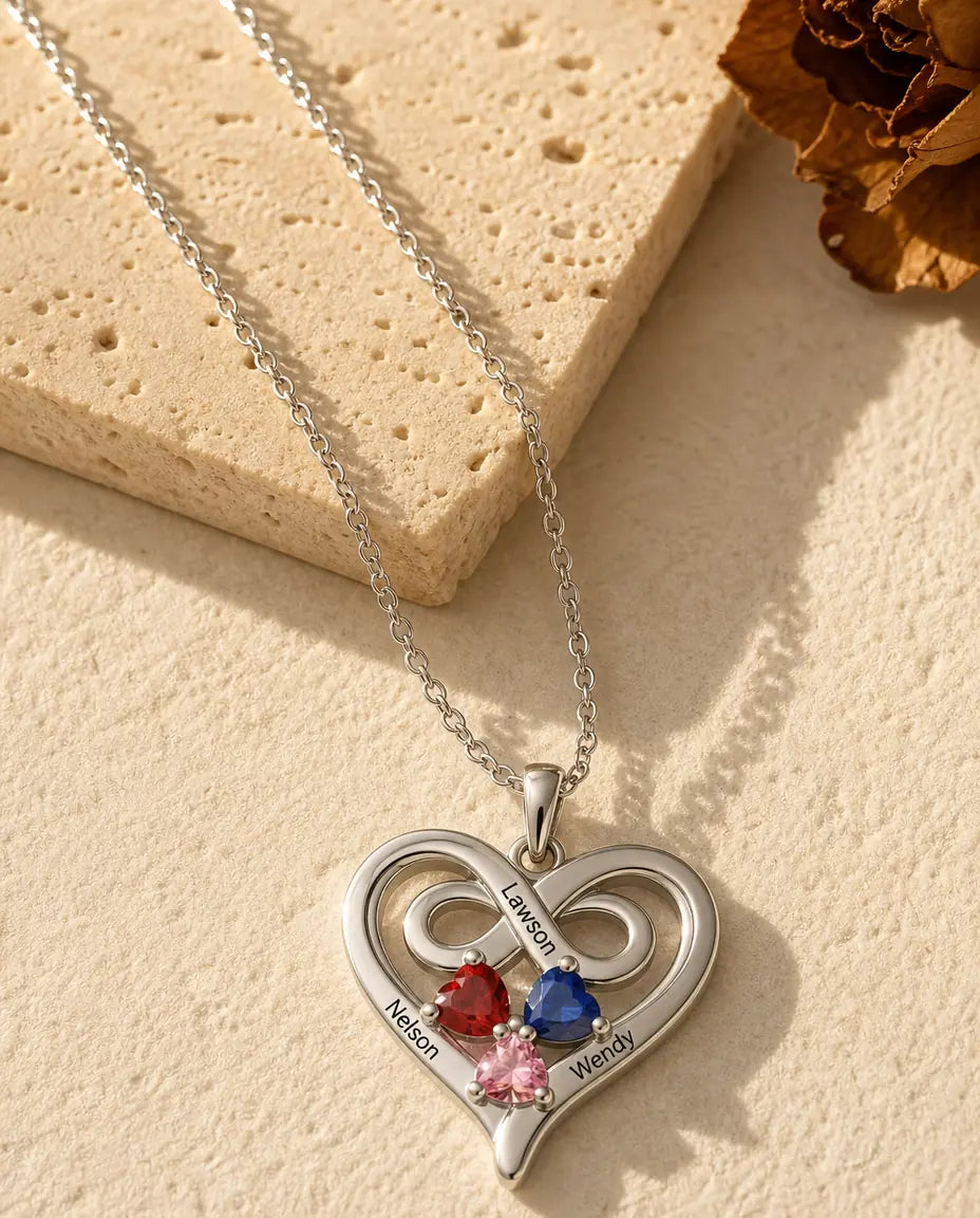 Personalised Heart Birthstone Necklace with 3 Names Engraved - front view in silver