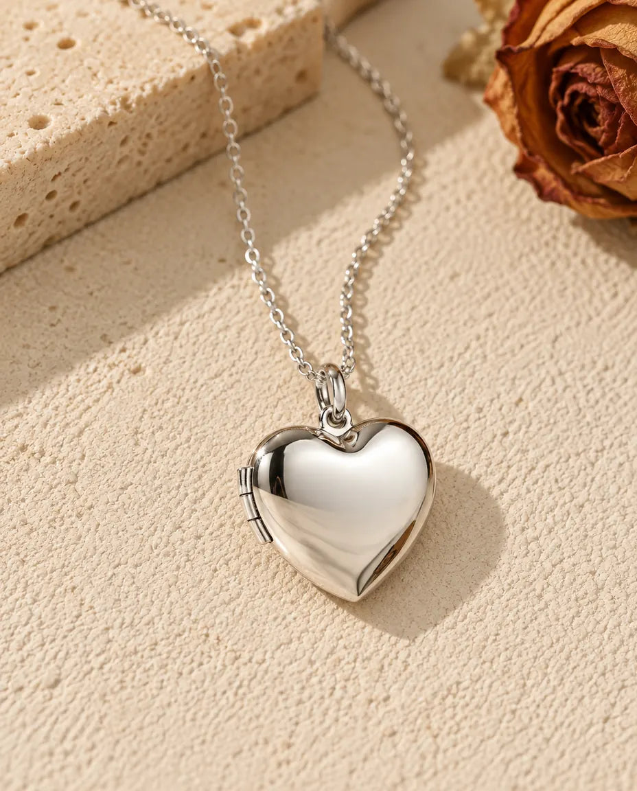 Personalised Heart Photo Locket Necklace - front view in silver