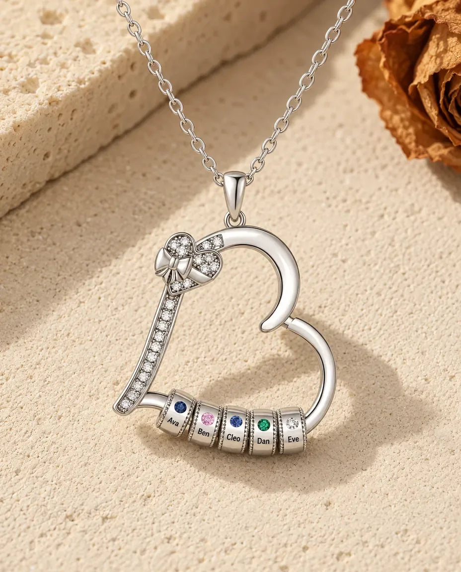 Personalised Family Birthstone Heart Pendant Necklace - front view in silver