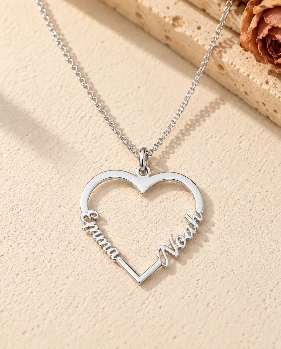 Personalised Heart Name Necklace in 925 Sterling Silver - Open Heart with Two Script Names - front view in silver