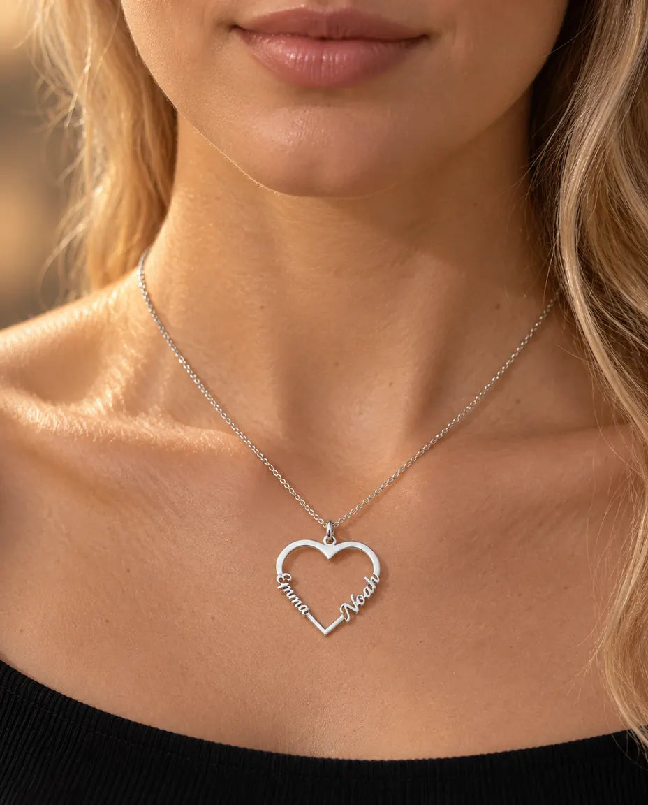 Personalised Heart Name Necklace in 925 Sterling Silver - Open Heart with Two Script Names - worn on a model