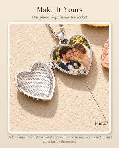 Personalisation guide showing where your photo goes inside the lotus flower heart photo locket