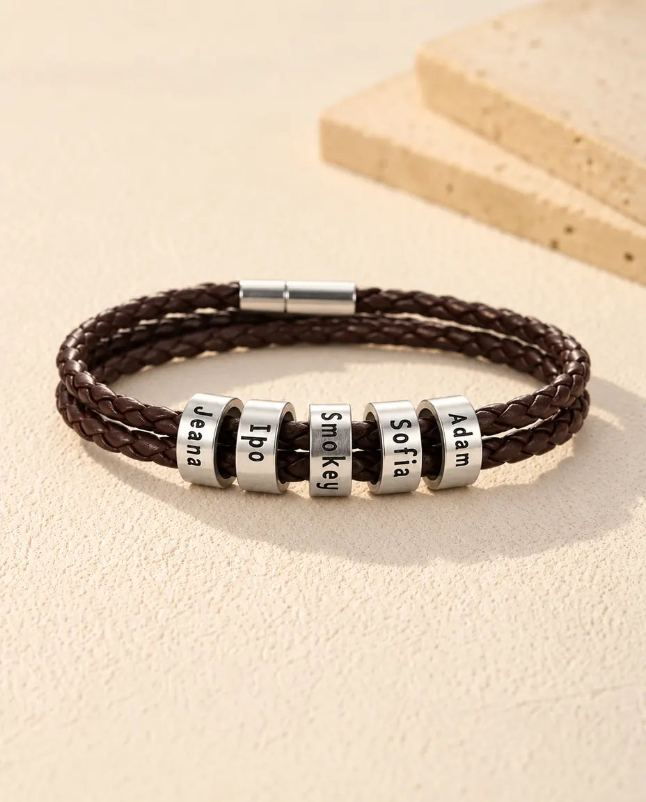 Personalised Men's Braided Leather Bracelet for Him - front view