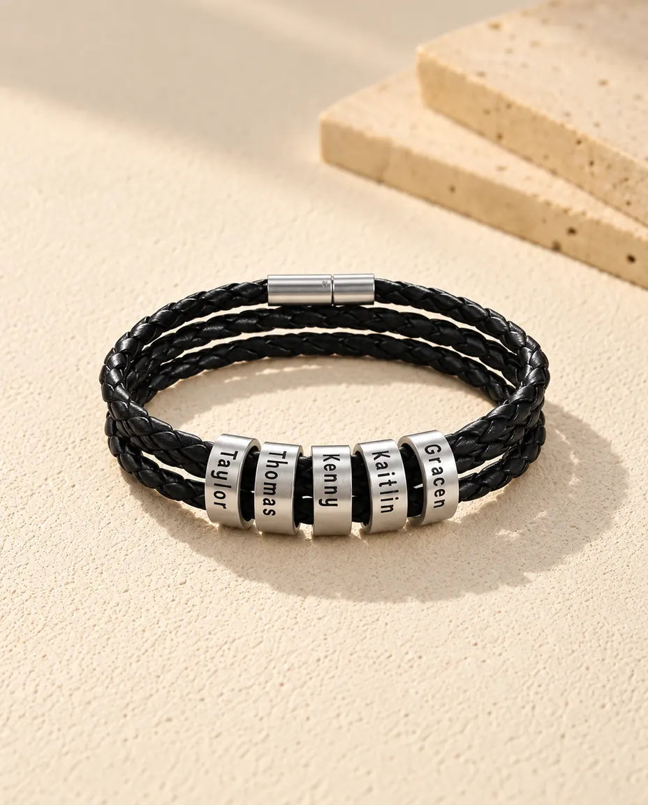 Personalised Men's Leather Bracelet for Him - front view