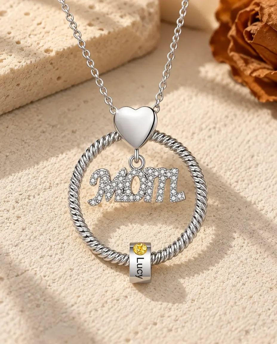 Personalised Birthstone Name Necklace for Mum - front view in silver