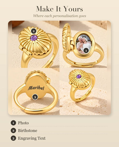 Personalisation guide for the oval locket ring: photo, birthstone and engraving