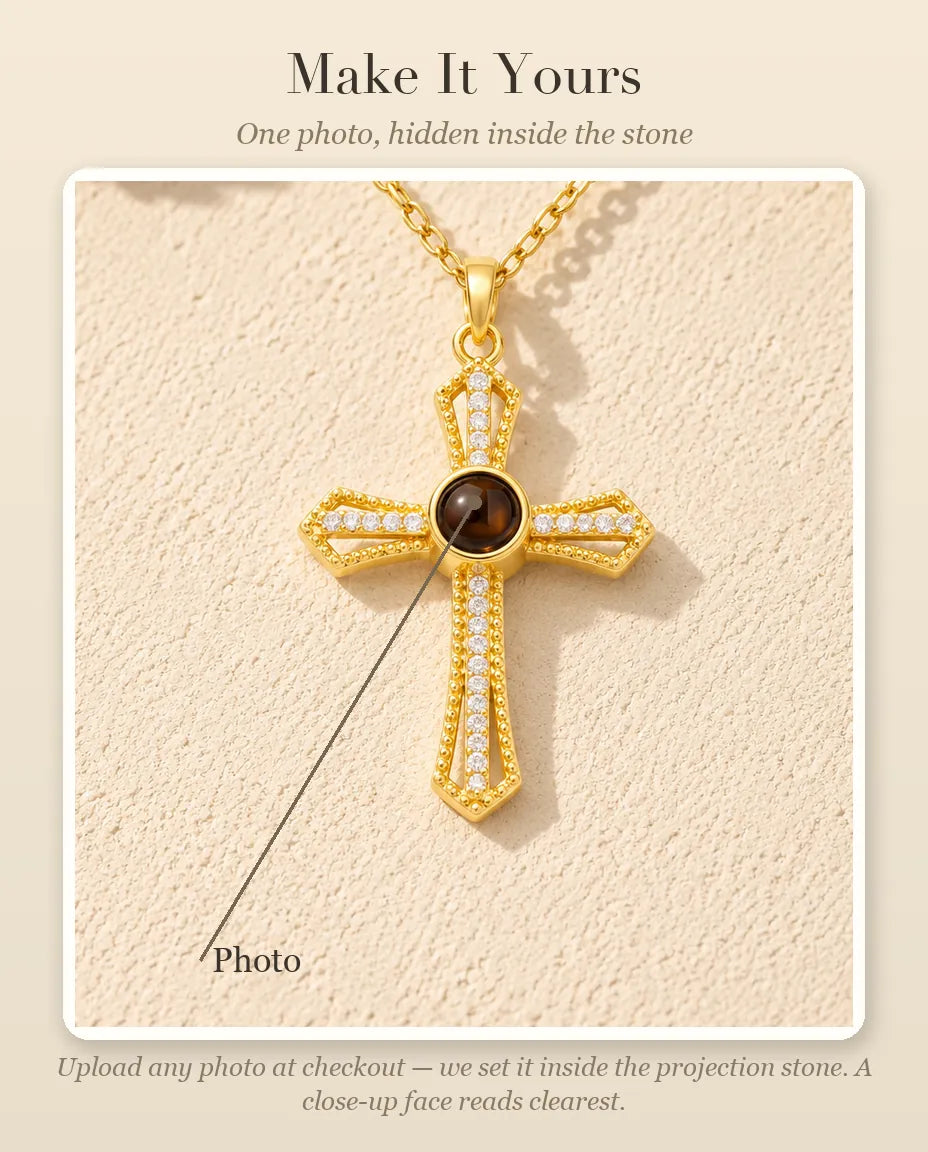 Personalisation guide showing the Photo hidden inside the stone at the centre of the cross