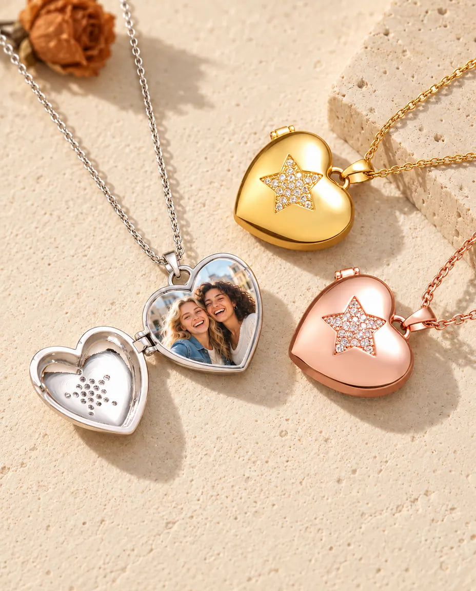 Silver tone pave star heart photo locket opened to show a best friends photo inside, beside closed gold tone and rose gold tone lockets