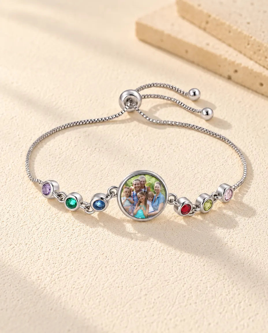 Personalised Photo Bracelet with 1-6 Birthstones - front view