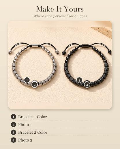 Personalisation guide showing Bracelet 1 Colour, Photo 1, Bracelet 2 Colour and Photo 2 on the couples bracelets