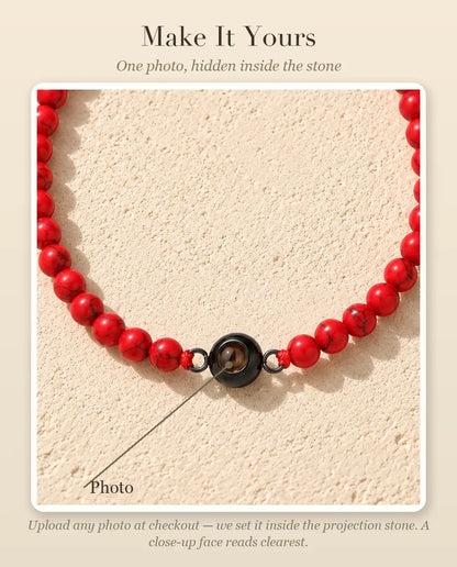 Personalisation guide showing where your photo goes inside the projection stone of the bead bracelet