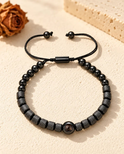 Black unisex photo projection bead bracelet with slider and round cord-end beads