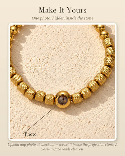 Personalisation guide showing where your photo goes inside the round projection bead
