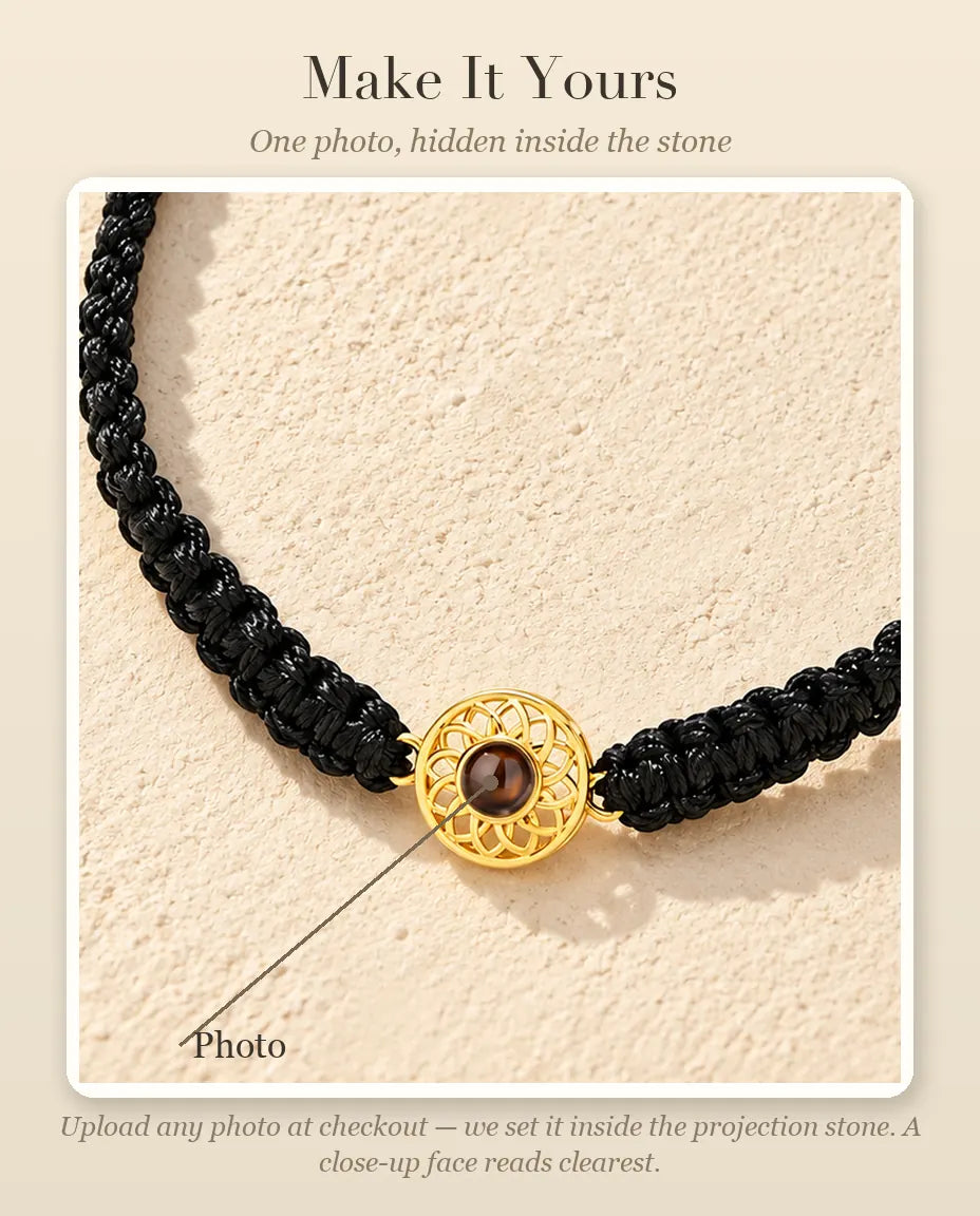 Personalisation guide showing where your photo goes inside the projection stone of the round charm