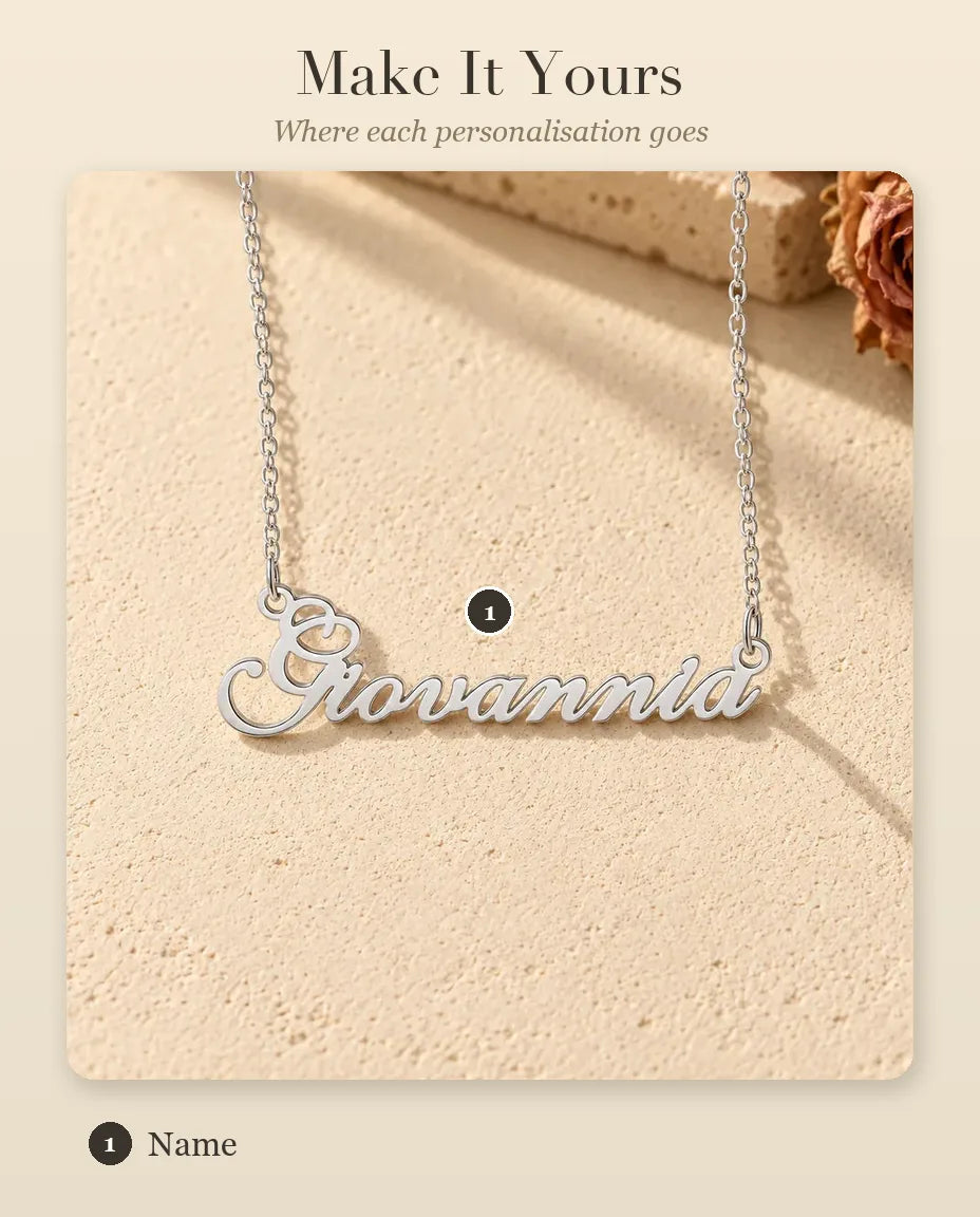 Personalised Name Necklace in 925 Sterling Silver - Custom Script Nameplate - personalisation guide: where your name goes