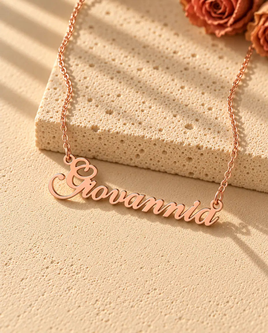 Personalised Name Necklace in 925 Sterling Silver - Custom Script Nameplate - in rose gold finish