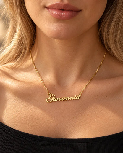 Personalised Name Necklace in 925 Sterling Silver - Custom Script Nameplate - worn on a model in gold