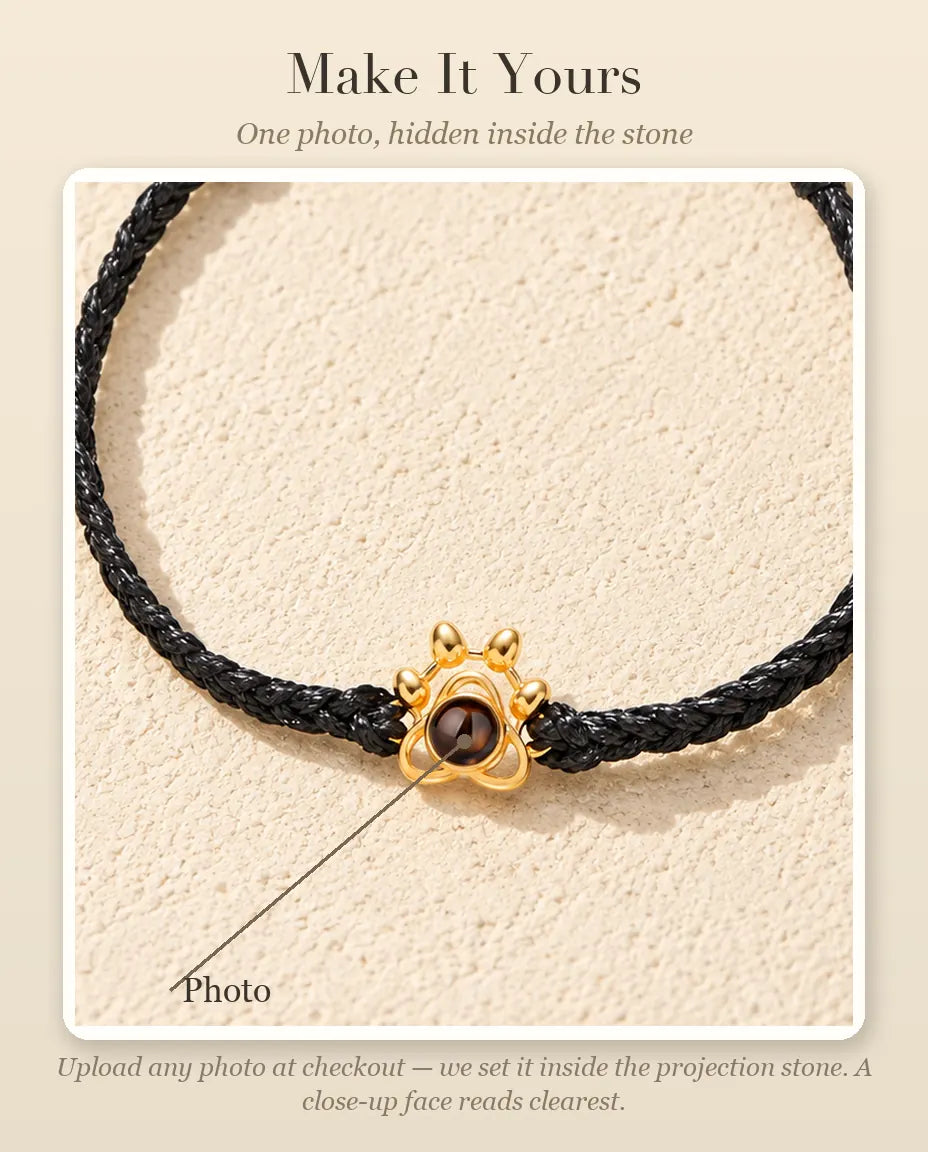 Personalisation guide showing where your pet photo goes inside the projection stone of the paw charm