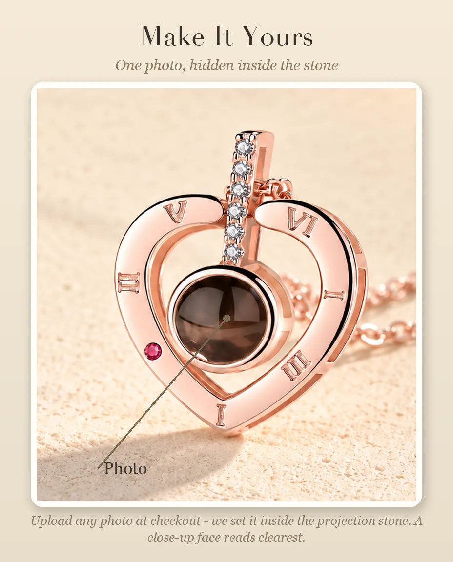 Personalisation guide showing where your photo goes inside the projection stone of the Roman numeral heart necklace