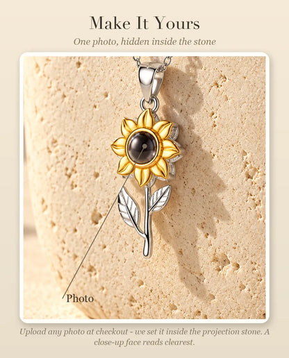 Personalisation guide showing where your photo goes inside the projection stone of the sunflower necklace