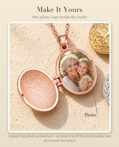 Personalisation guide showing where your photo goes inside the oval tree of life locket