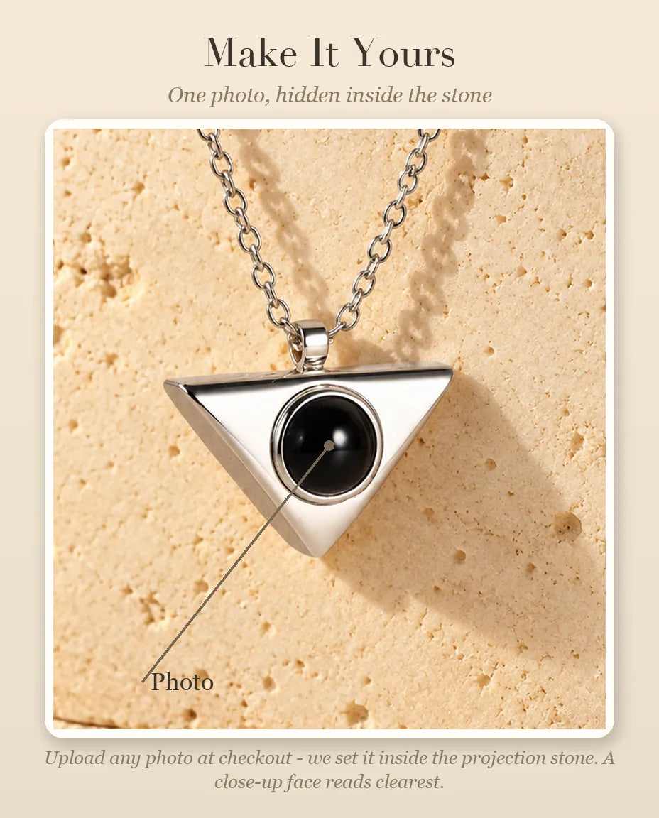 Personalisation guide showing where your photo goes inside the projection stone of the triangle necklace
