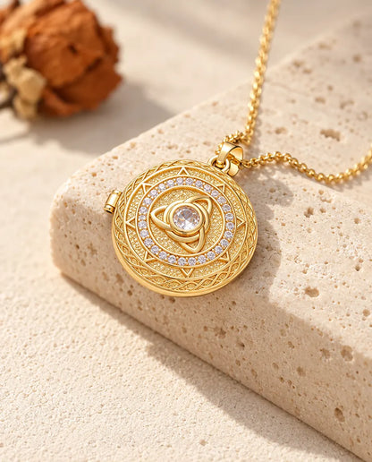 Gold tone round trinity knot locket necklace with a centre stone draped over a travertine block