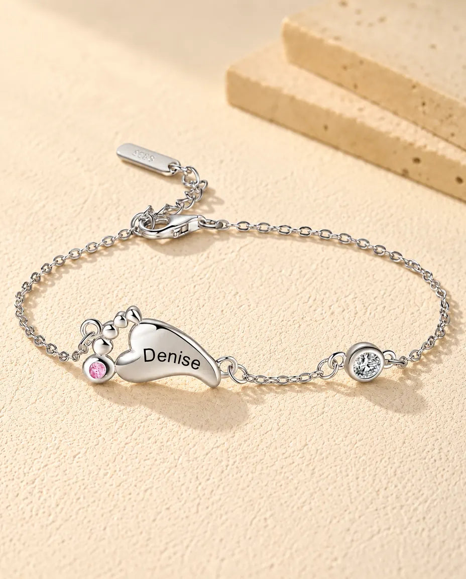 Personalised Baby Feet Birthstone Bracelet - front view