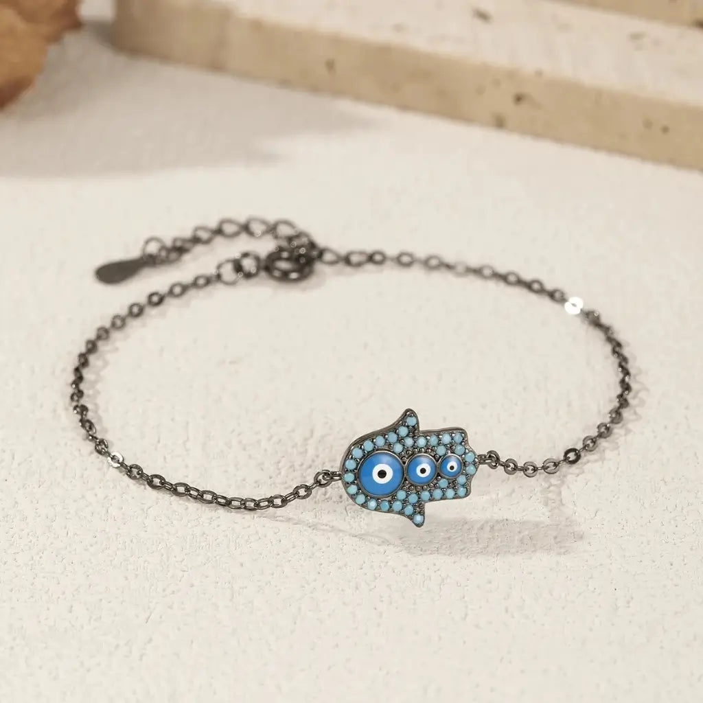 Sterling Silver Hamsa Hand Evil Eye Bracelet with Turquoise Charm