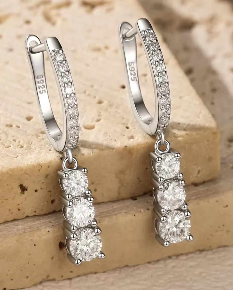 Three Stone Moissanite Drop Hoop Earrings in 925 Sterling Silver - close-up of the three graduated moissanite drops
