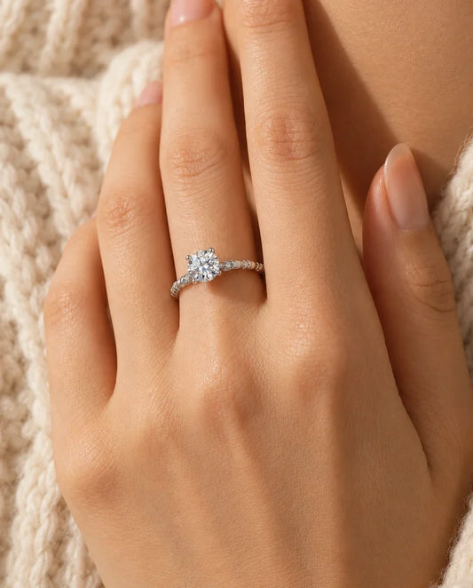 Moissanite Engagement Ring - worn on the hand