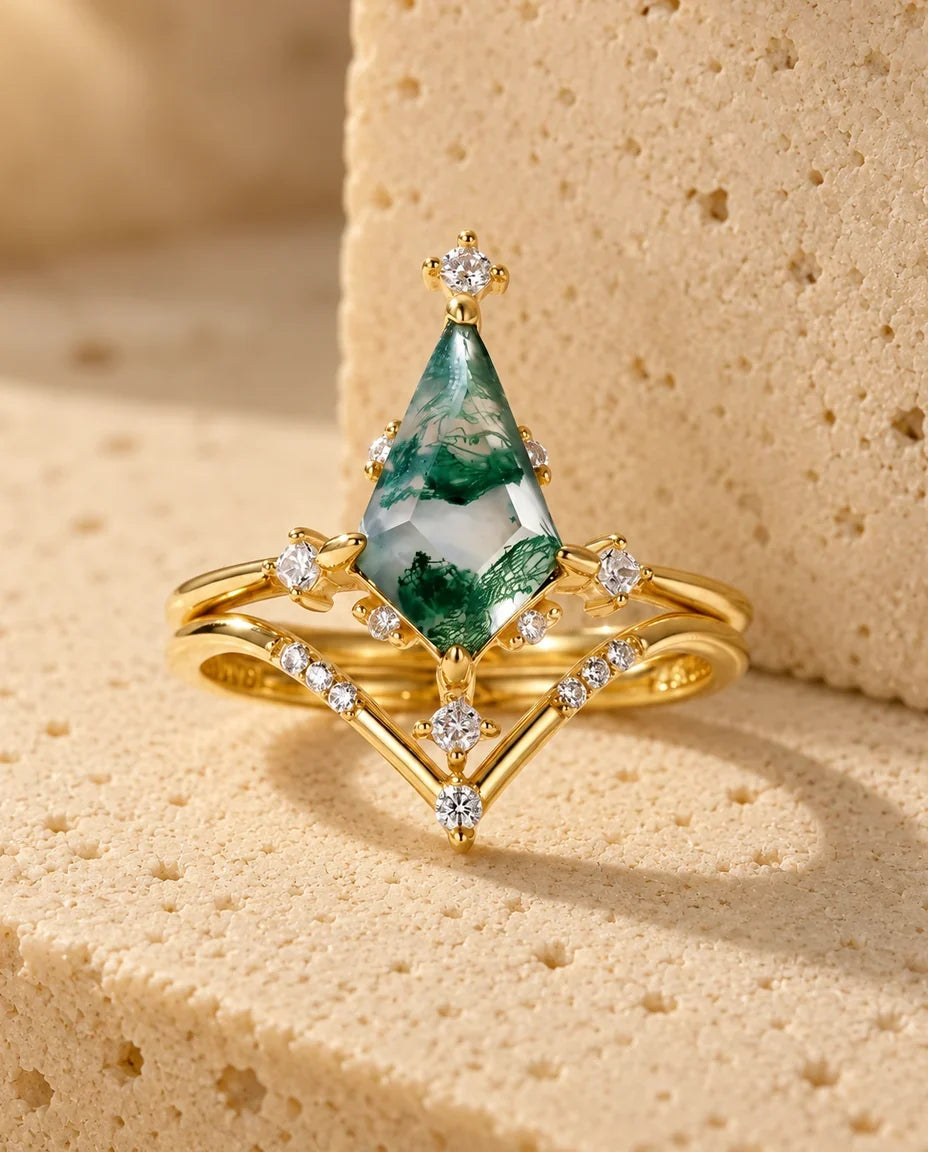 Kite-Cut Moss Agate Ring Set - the complete set
