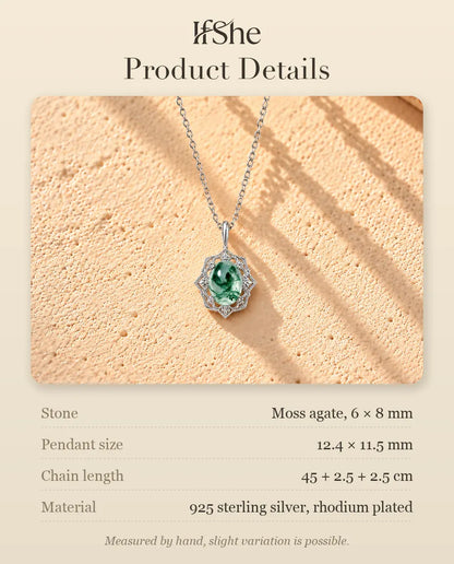 Vintage Moss Agate Pendant Necklace in 925 Sterling Silver - product details with stones, pendant size, chain length and material